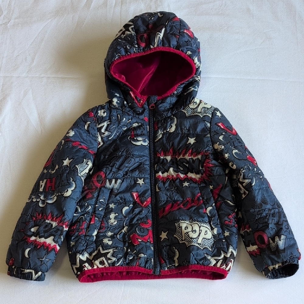 joe fresh boys lightweight hooded puffer jacket comic pop print primaloft 4T